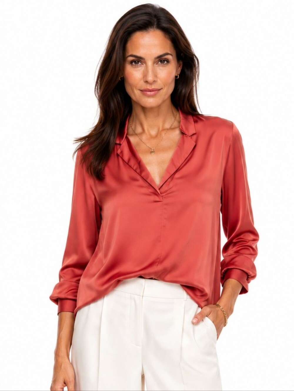 Kobi Halperin Silk Stretch Blouse XL Coral Rose V-Neck Long Sleeve Top